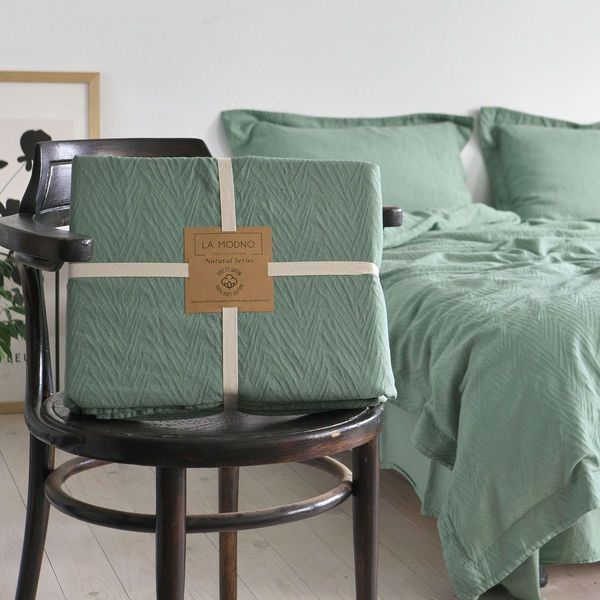 Постільна білизна жакардова 200x220 LA MODNO JACQUARD STONEWASHED Sage Green зелена 200435 фото