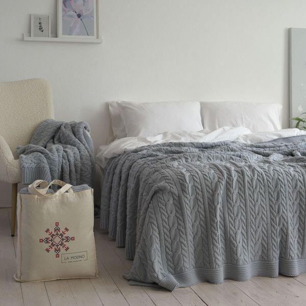 Покривало в'язане 220x240 LA MODNO GENOVA Sky Gray (50% бавовна, 50% акрил) сіро-небесне 200228 фото