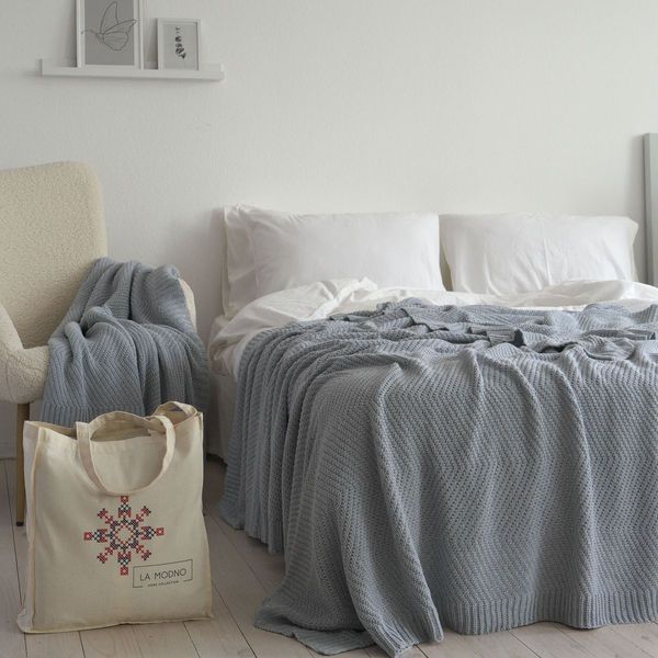 Покривало 150x200 LA MODNO WoolCotton Balance Sky Gray (50% вовна, 50% бавовна) сіро-небесне 200423 фото