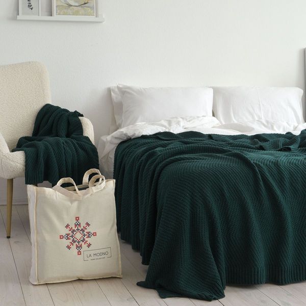 Покривало 150x200 LA MODNO WoolCotton Balance Emerald (50% вовна, 50% бавовна) темно-зелене 200426 фото